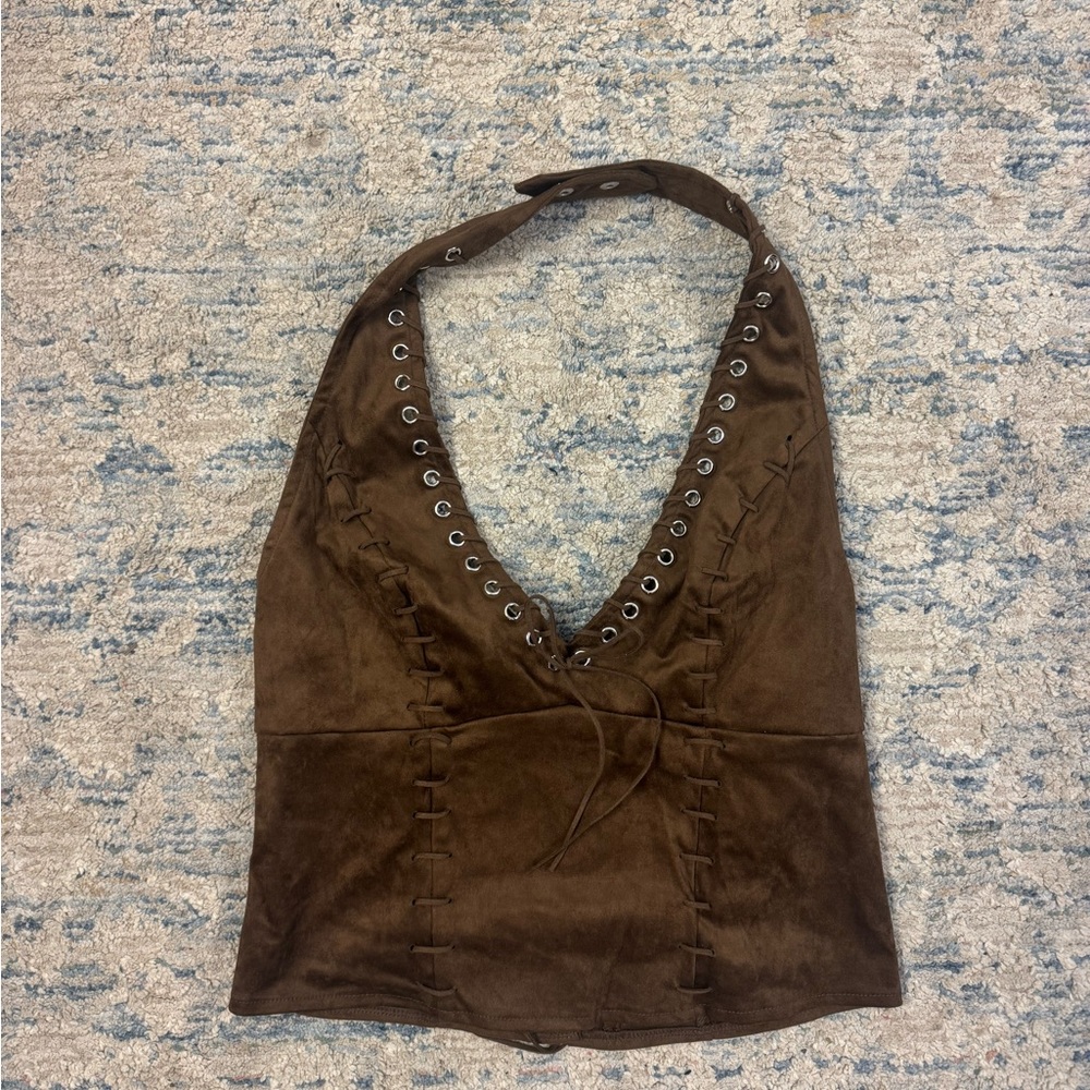 Edikted Brown Faux Leather Halter Top